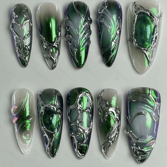 Green Cat Eye Press-On Nails | Stiletto