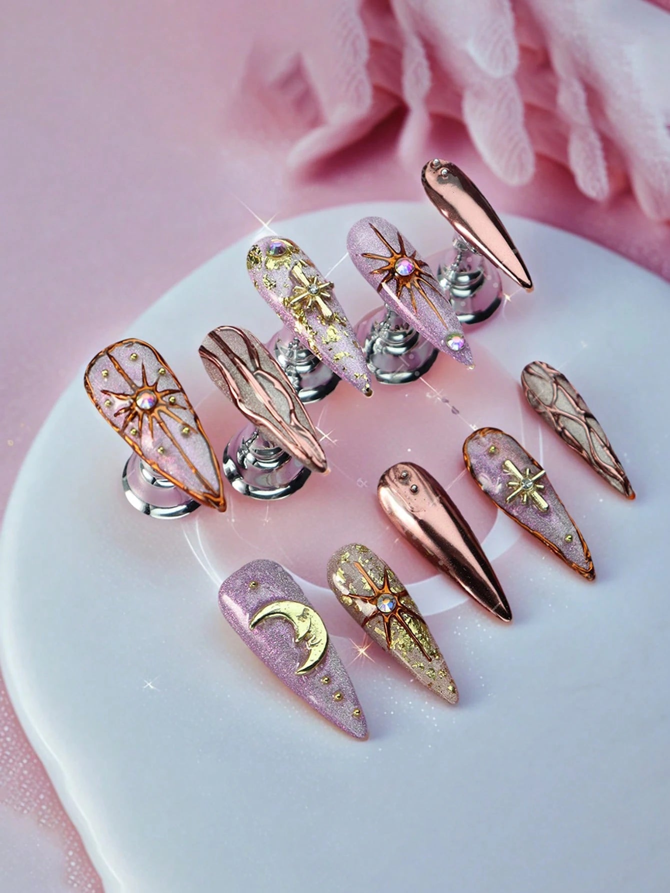 Celestial Rose Gold Press On Nails – Luxury Pink Chrome Stiletto Nails with Sun Moon Nail Art