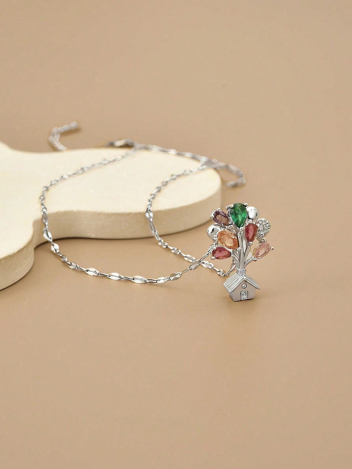 Colorful Crystal Tree House Pendant Necklace | Silver Plated Nature-Inspired Charm Necklace