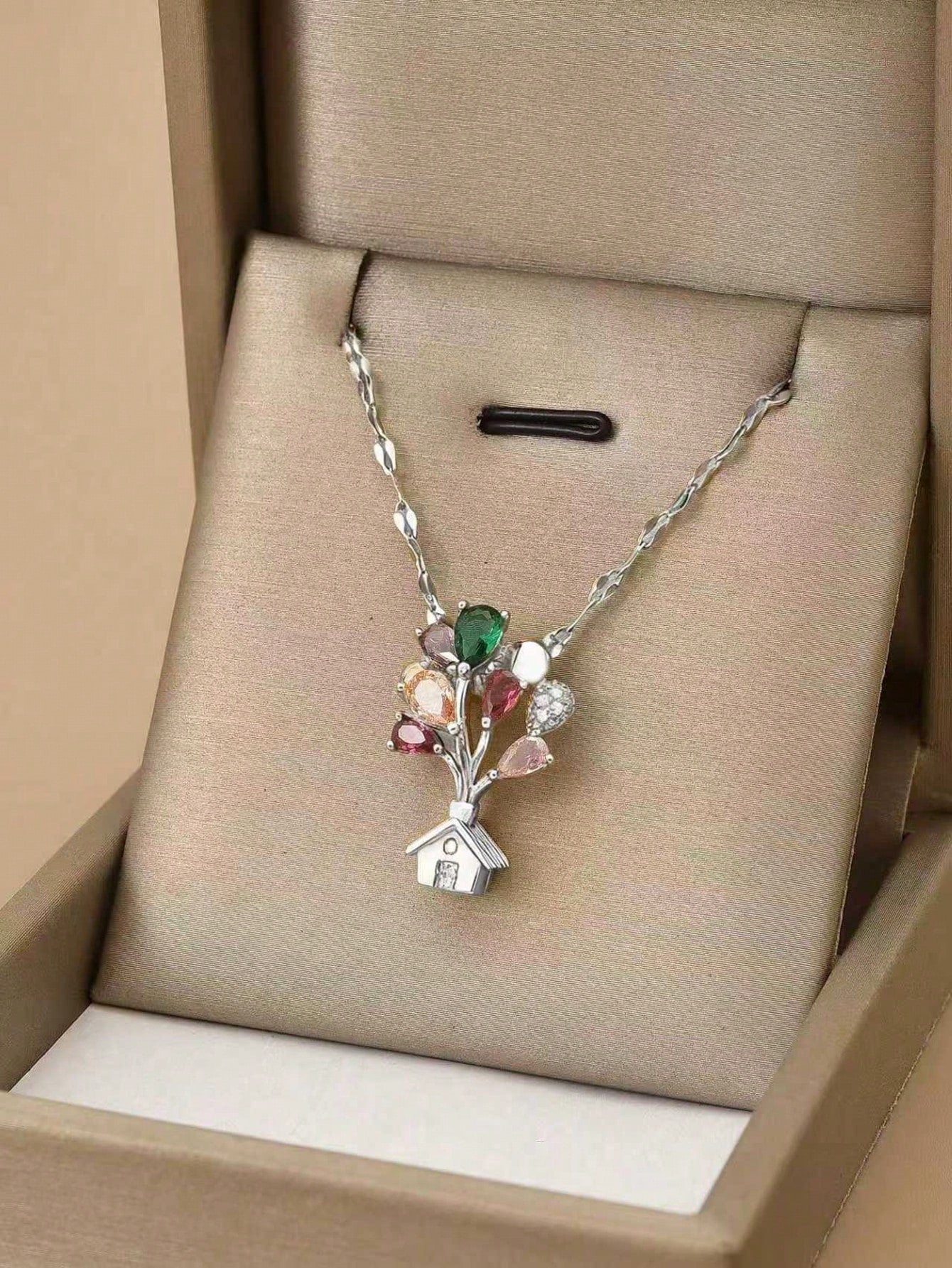 Colorful Crystal Tree House Pendant Necklace | Silver Plated Nature-Inspired Charm Necklace