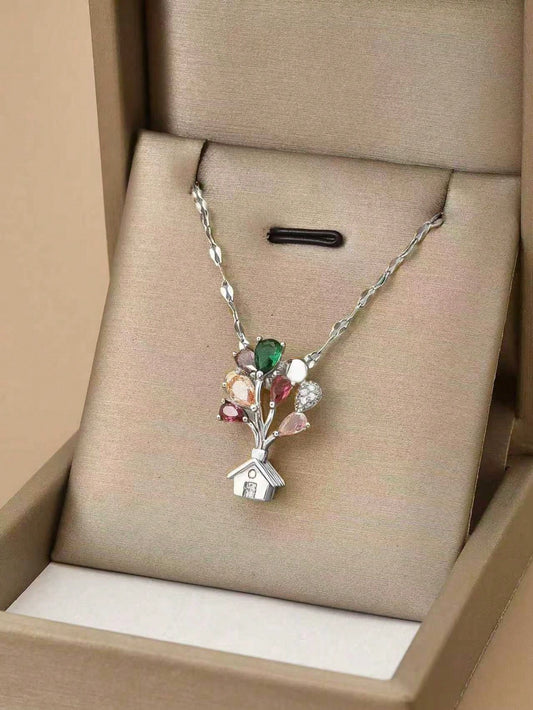 Colorful Crystal Tree House Pendant Necklace | Silver Plated Nature-Inspired Charm Necklace