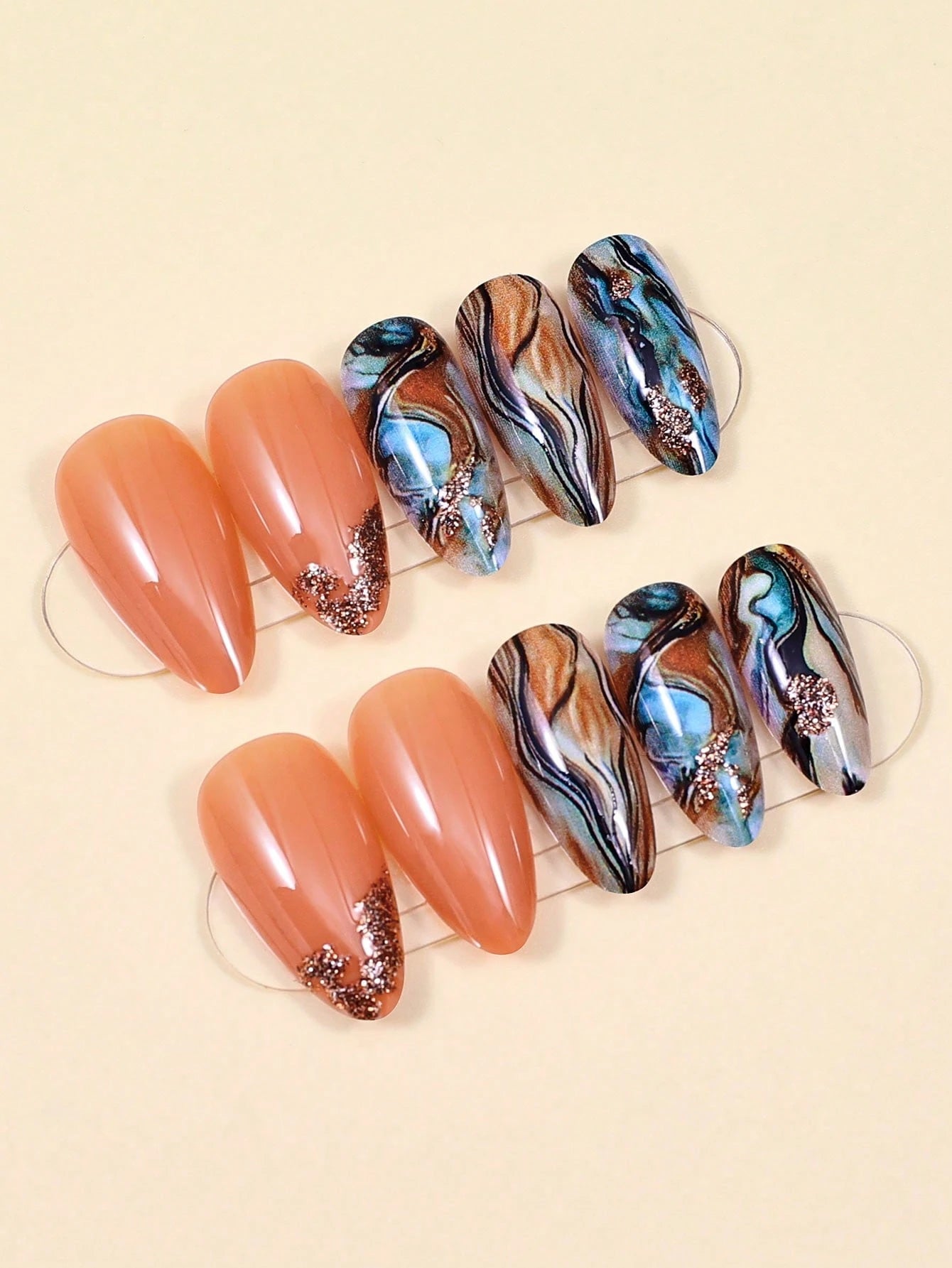 Bronze Grey Marble effect Press-On Nails | 24 PCs | Almond Shape