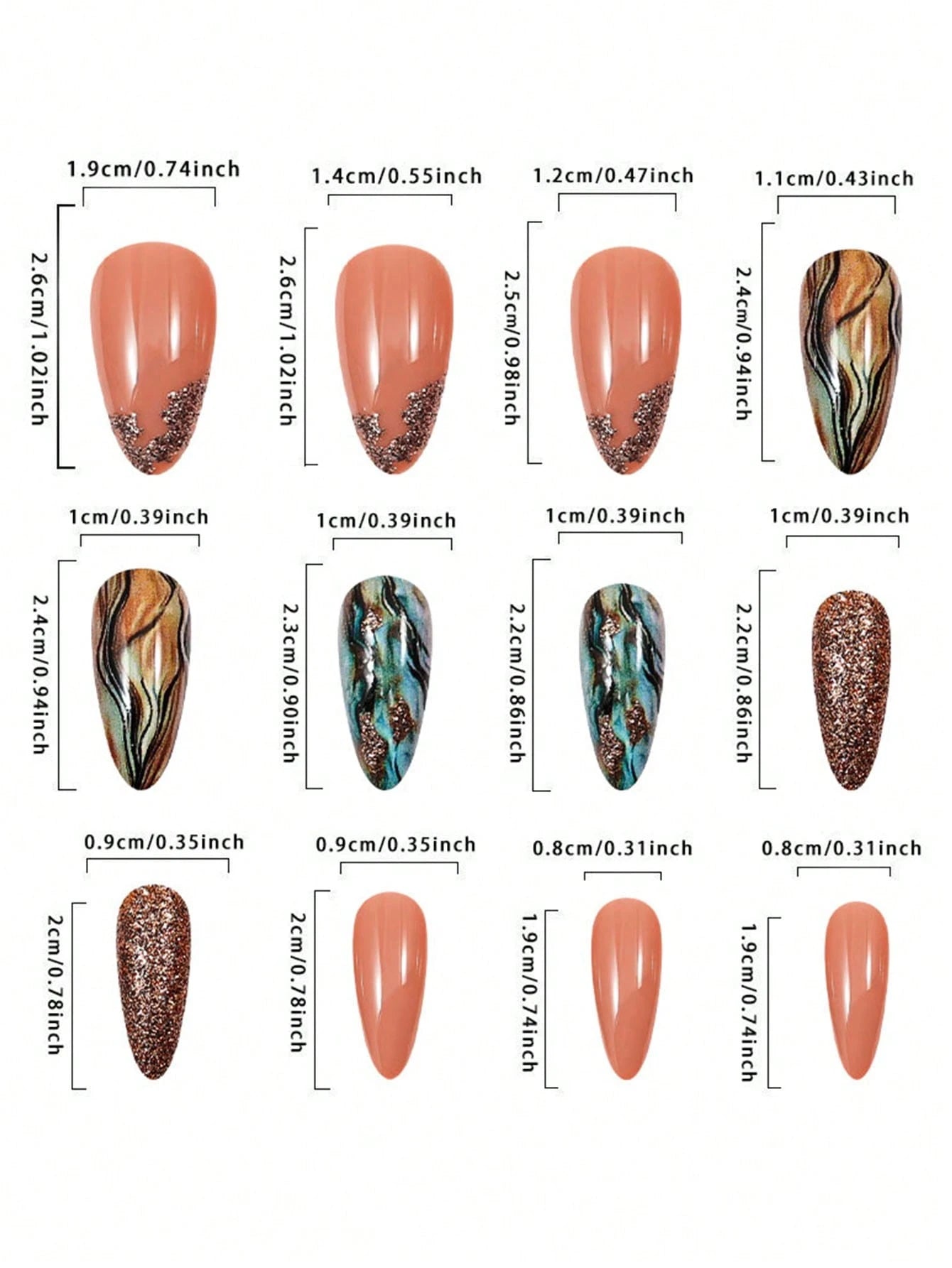 Bronze Grey Marble effect Press-On Nails | 24 PCs | Almond Shape