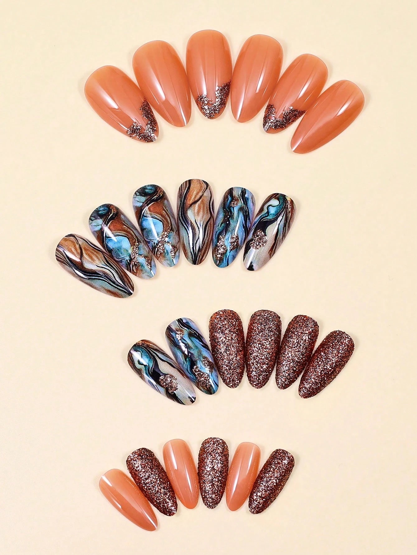 Bronze Grey Marble effect Press-On Nails | 24 PCs | Almond Shape
