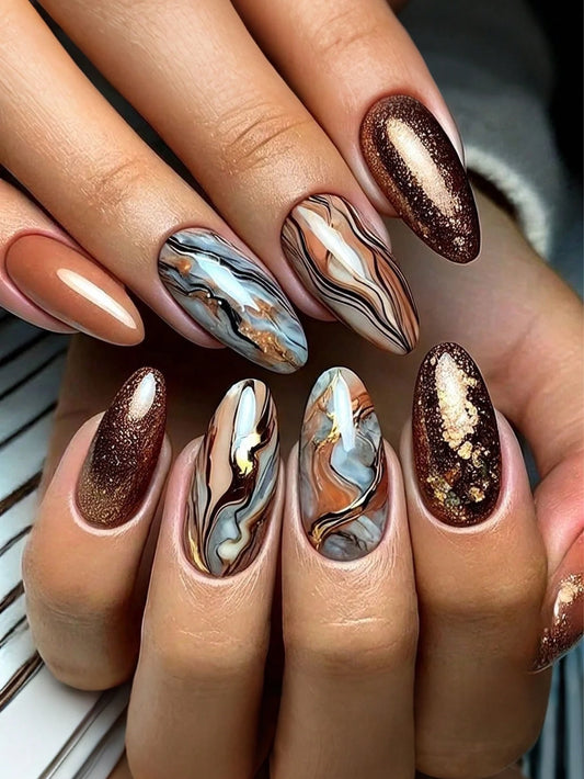 Bronze Grey Marble effect Press-On Nails | 24 PCs | Almond Shape