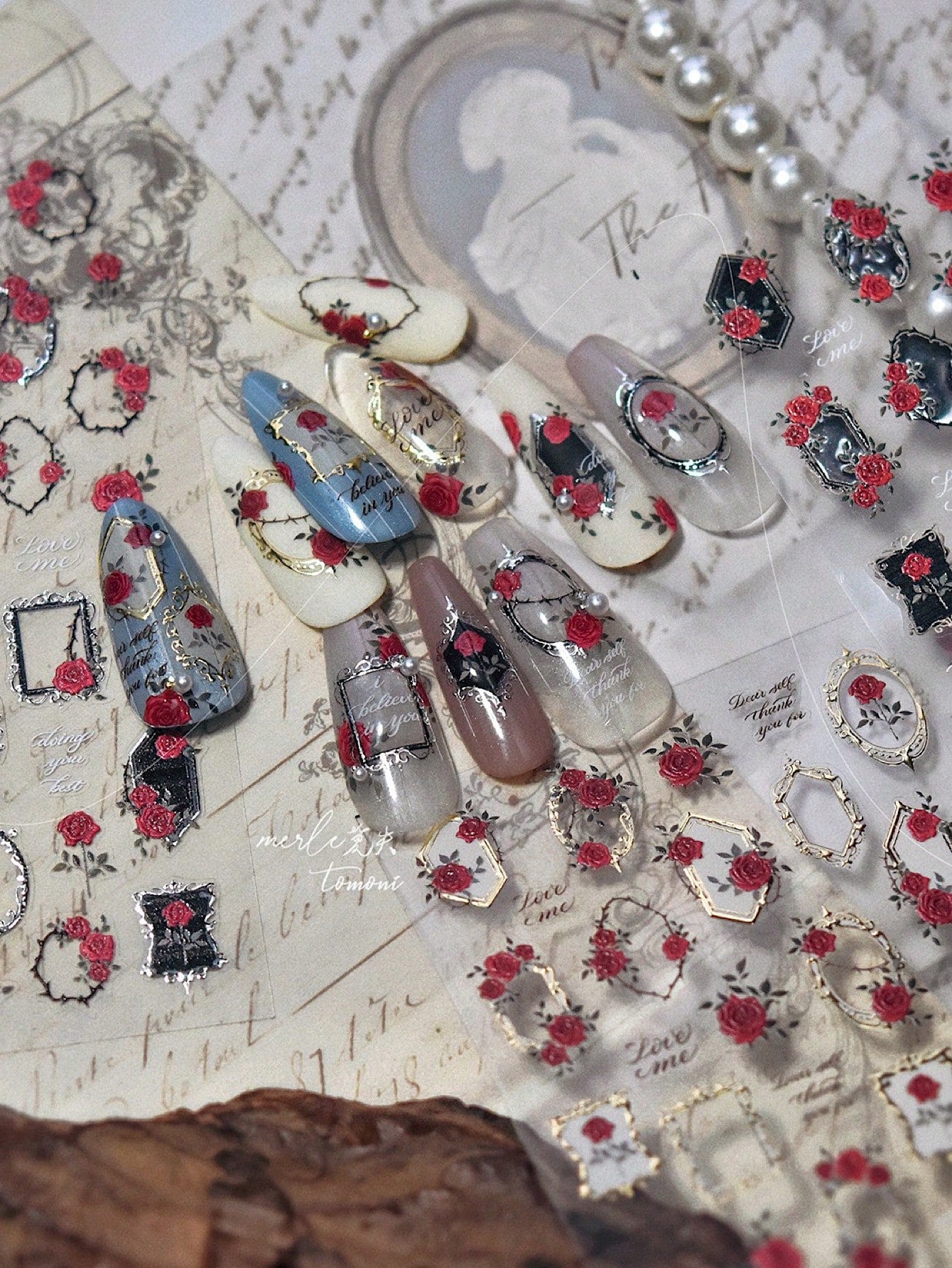 Vintage Dark Red Rose Nail Art Sticker | 3D Embossed Craftsmanship