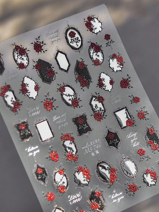 Vintage Dark Red Rose Nail Art Sticker | 3D Embossed Craftsmanship
