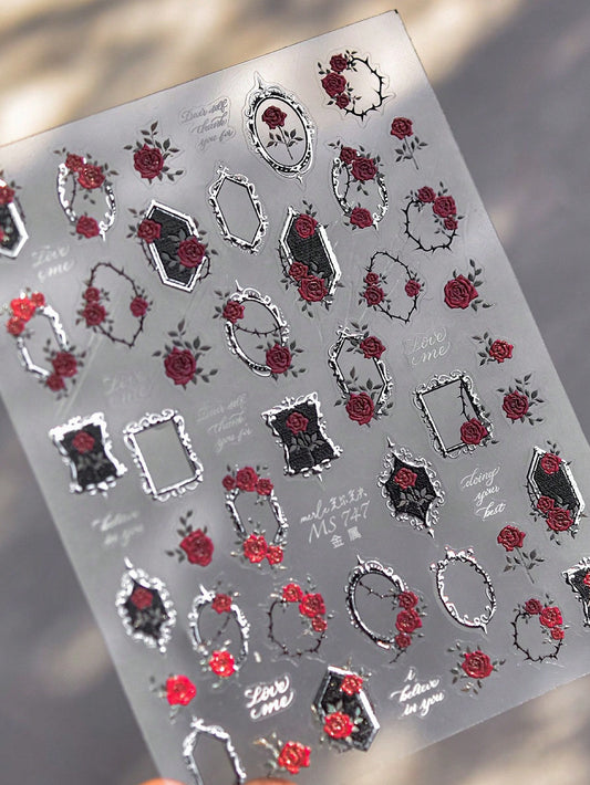 Vintage Dark Red Rose Nail Art Sticker | 3D Embossed Craftsmanship