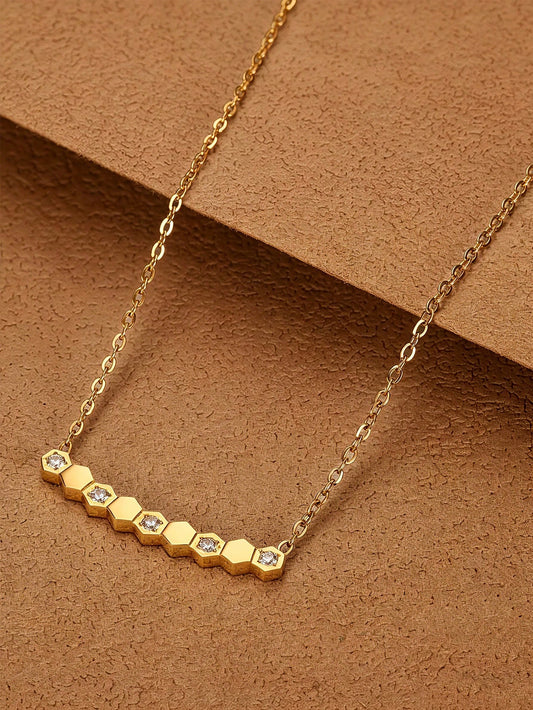Gold Honeycomb Crystal Bar Necklace – Minimalist Geometric Stainless Steel