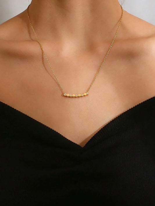 Gold Honeycomb Crystal Bar Necklace – Minimalist Geometric Stainless Steel