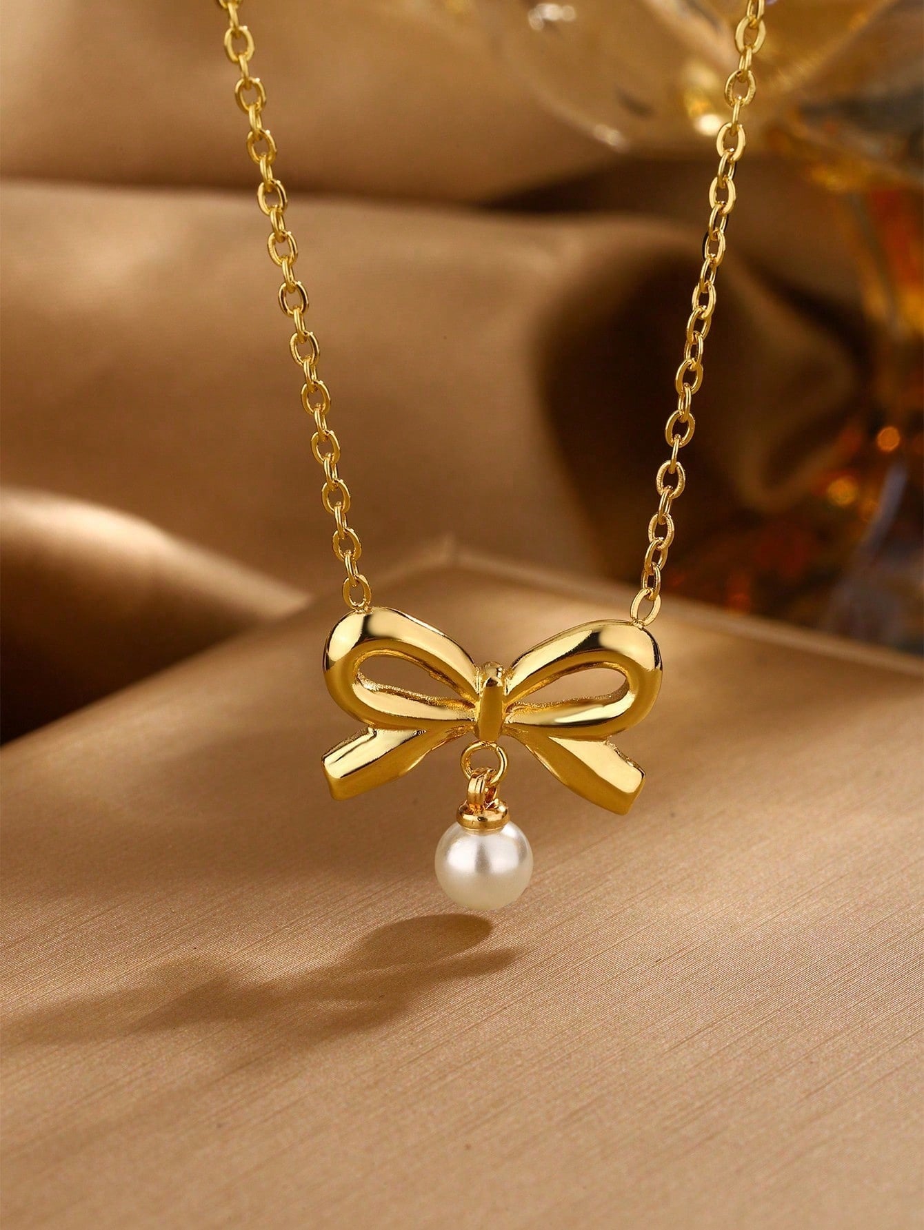Gold Bow Pearl Necklace – Dainty Stainless Steel Ribbon Pendant Necklace