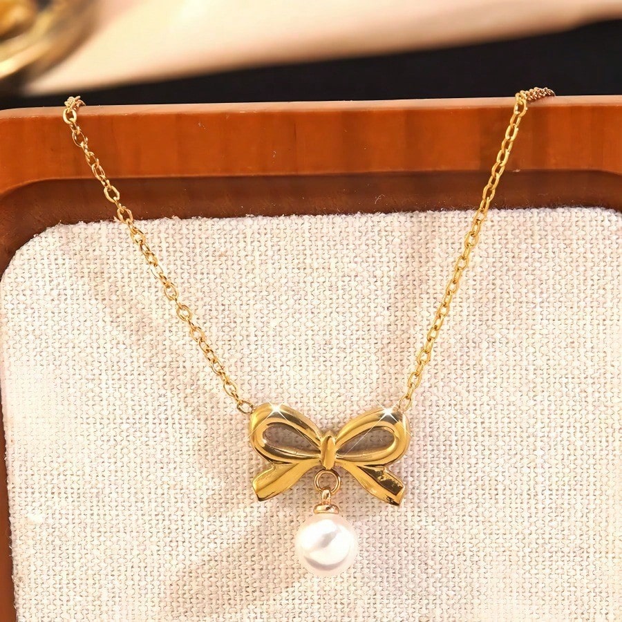 Gold Bow Pearl Necklace – Dainty Stainless Steel Ribbon Pendant Necklace