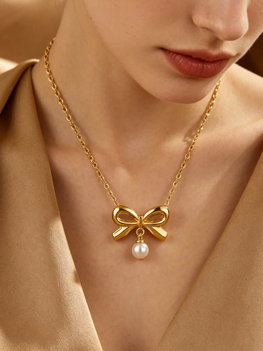 Gold Bow Pearl Necklace – Dainty Stainless Steel Ribbon Pendant Necklace