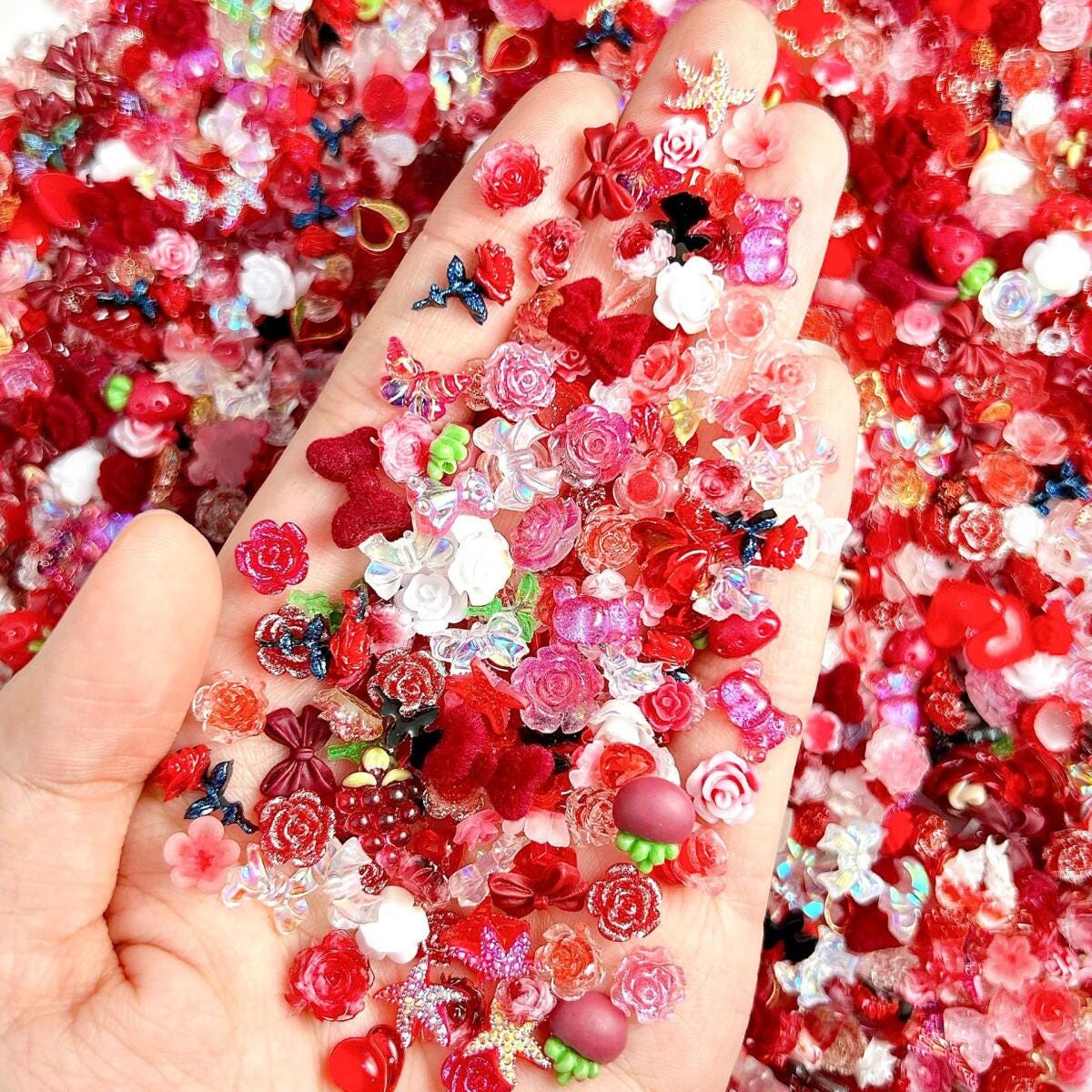 50pcs Red Resin Nail Charms, Rose Garden Mix