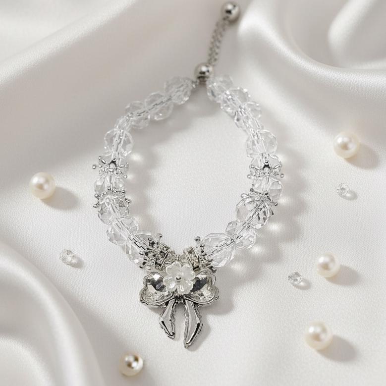 Crystal Bridal Bracelet with Silver Bow Flower Charm, Adjustable Wedding Jewelry, Elegant Gift for Her
