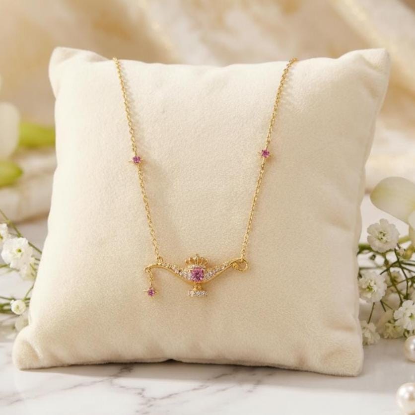 Enchanted Lamp Necklace – Crystal Genie Pendant, Elegant Fairytale Jewelry for Women