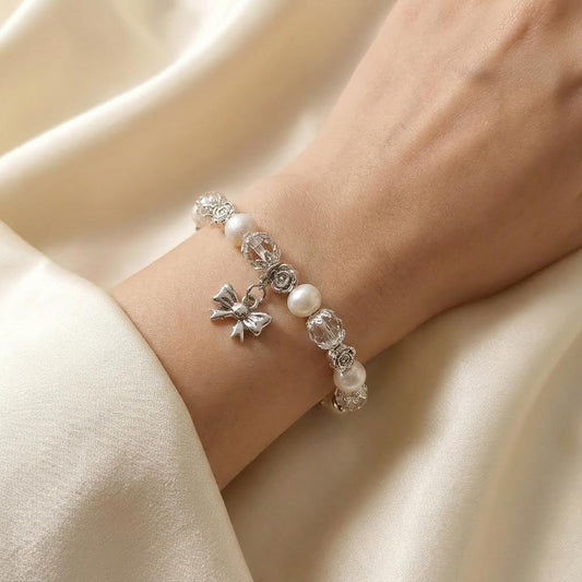 Pearl Crystal Bracelet with Silver Rose Beads, Bridal Wedding Jewelry, Romantic Bow Charm