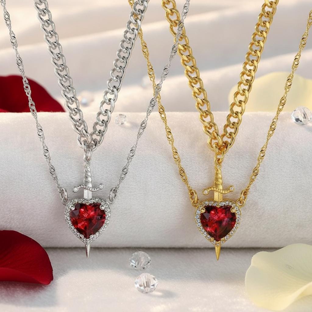 Enchanted Heart Sword Necklace – Crystal Pendant, Fairytale-Inspired Statement Jewelry for Women
