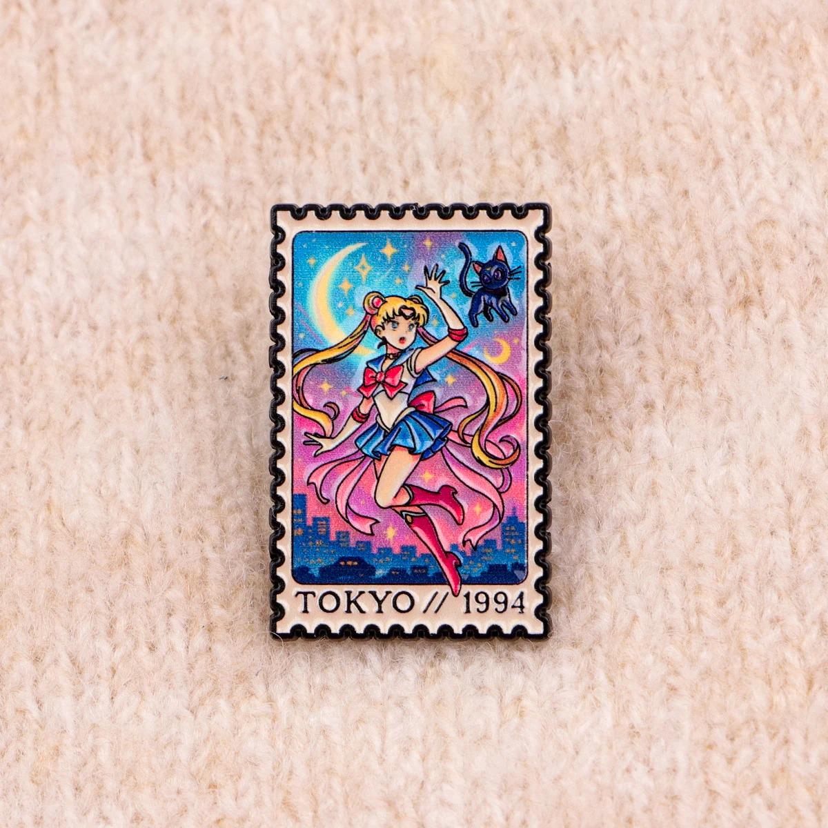 Sailor Moon Tokyo 1994 Stamp Pin - Anime Lapel Accessory with Luna Cat