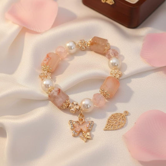 Sakura Agate (Cherry Blossom Bracelet, butterfly charm)