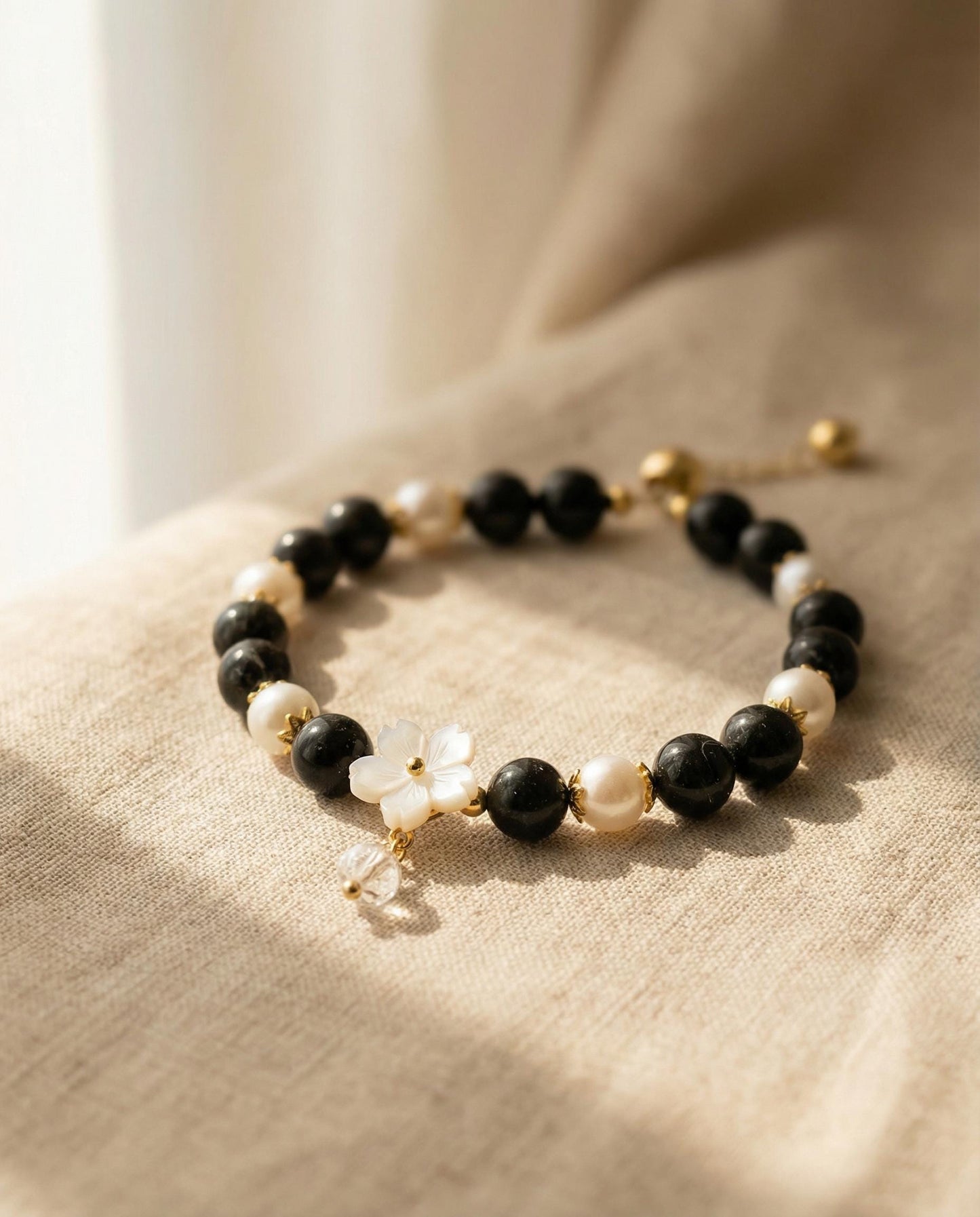 Green Jade & Pearl Bracelet Handmade | Dainty Gemstone Bracelet Gift for Her | Flower Charm Adjustable Bracelet | Minimalist Jewelry