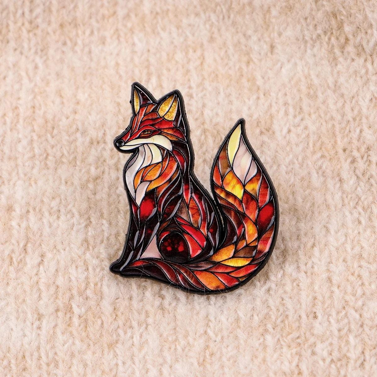 Stained Glass Fox Enamel Pin - Vibrant Red & Orange Lapel Brooch, Woodland Animal Accessory
