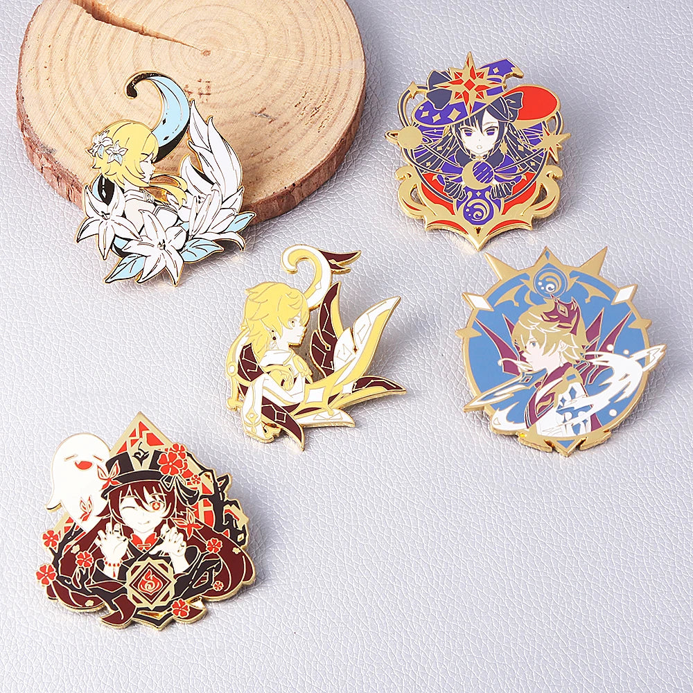 Set of five colorful enamel pins on a light gray background