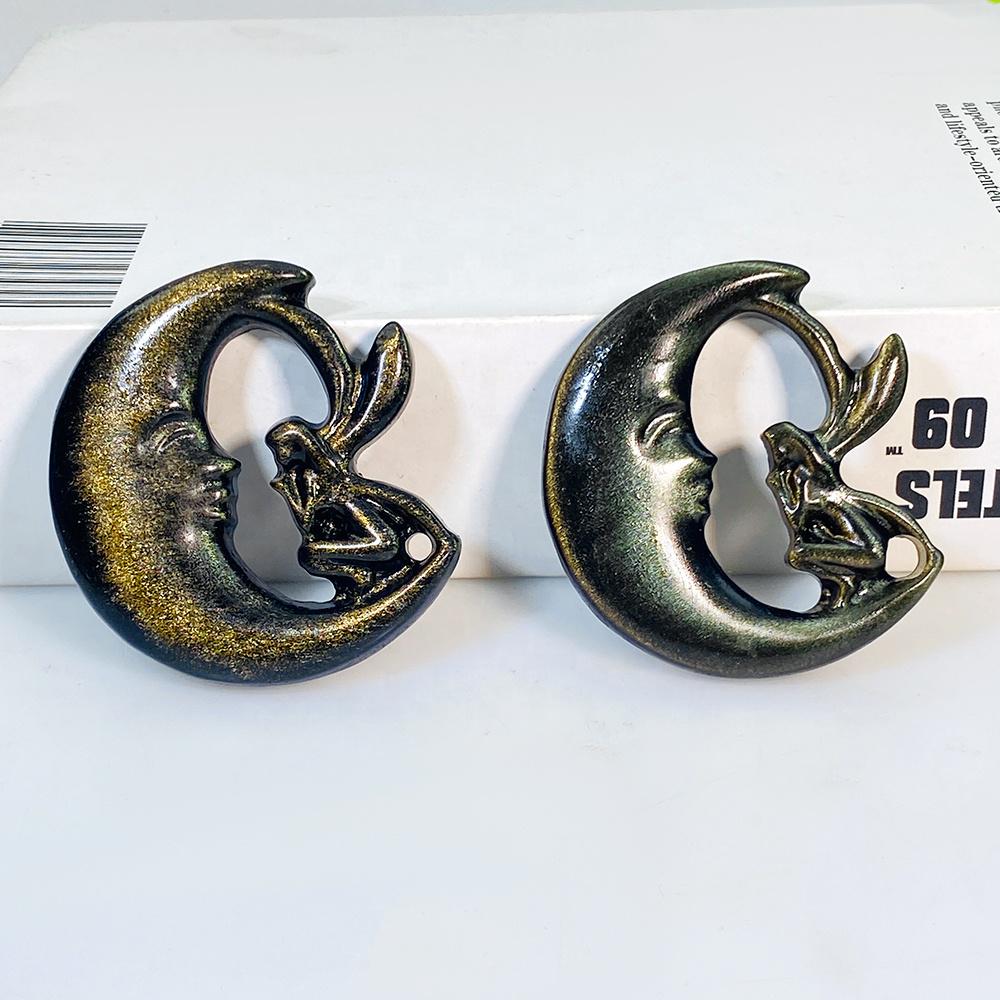 Obsidian Moon and Fairy Carving (6cm) Protective Lunar for Intuition & Shadow Work