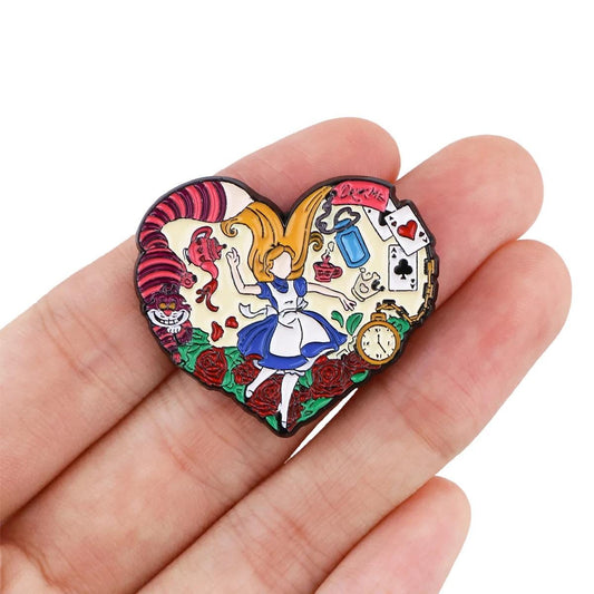 Alice in Wonderland Enamel Pin, Heart-Shaped Fantasy Lapel Pin with Cheshire Cat