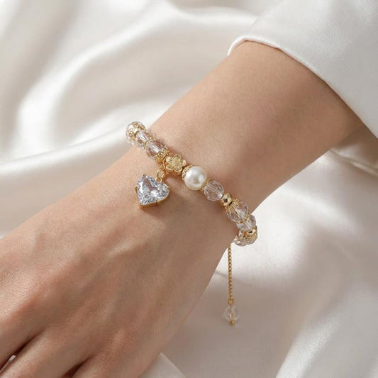 Gold Crystal Bracelet with Heart Pendant, Bridal Wedding Jewelry, Romantic Gift for Her