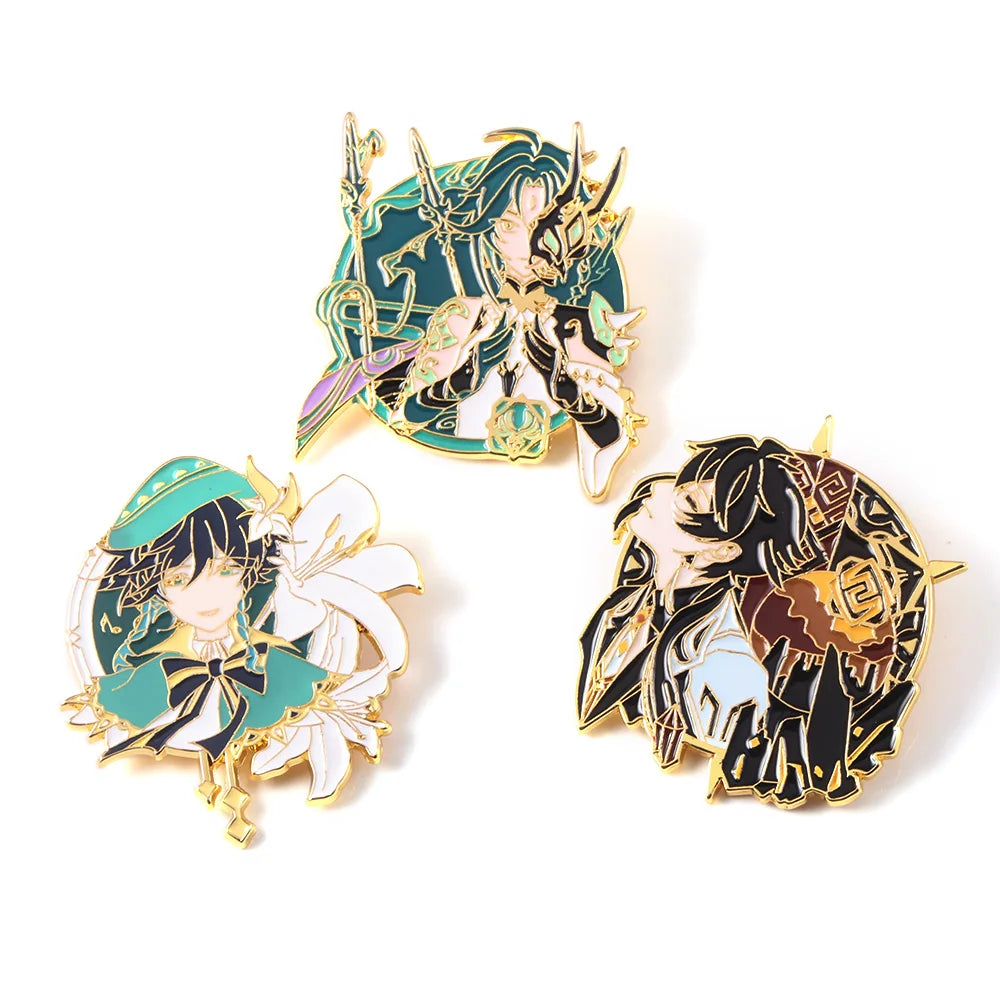 Three decorative pins with intricate designs on a white background