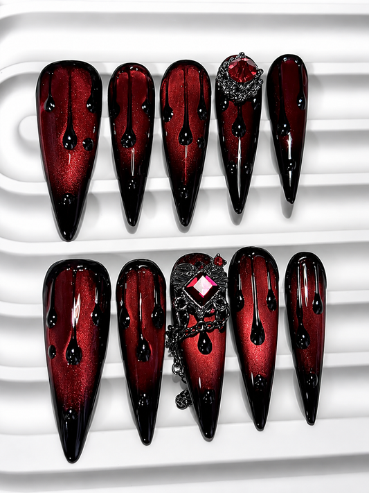 Deep Blood Red Cat Eye | Vampire Red Diamond | Press-On Nails | Stiletto Shape