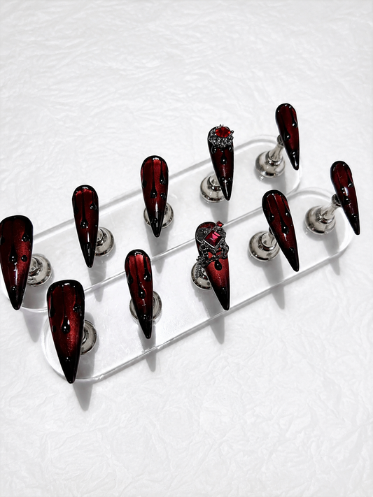 Deep Blood Red Cat Eye | Vampire Red Diamond | Press-On Nails | Stiletto Shape
