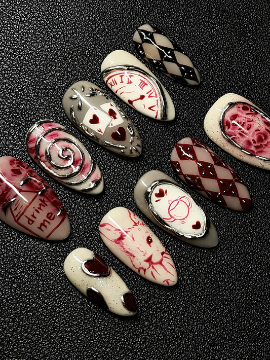 Alice-Inspired Whimsical Press-On Nails | Almond Shape
