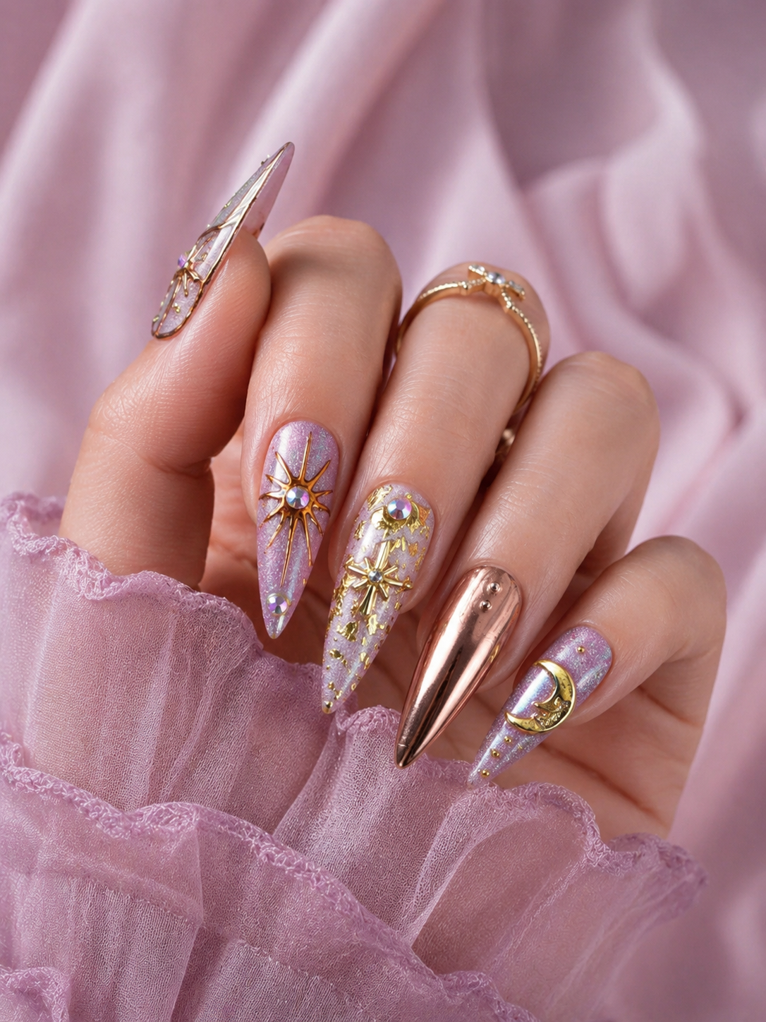 Celestial Rose Gold Press On Nails – Luxury Pink Chrome Stiletto Nails with Sun Moon Nail Art