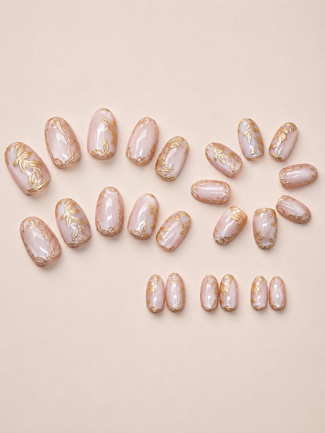 Blush Gold Floral Press On Nails | Medium Oval | 24 PCs