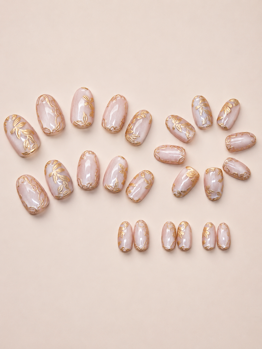 Blush Gold Floral Press On Nails | Medium Oval | 24 PCs