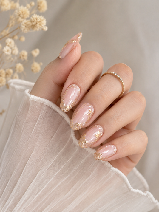 Blush Gold Floral Press On Nails | Medium Oval | 24 PCs