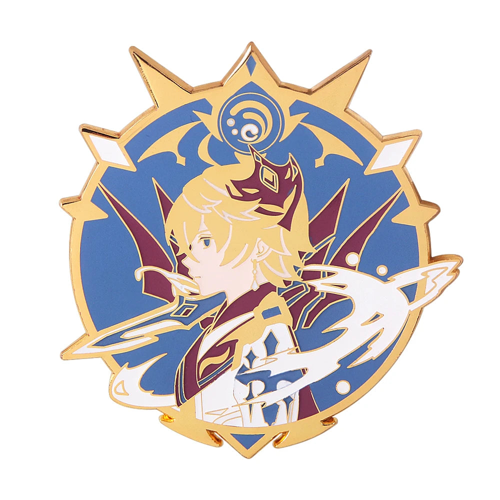Decorative badge with a character design on a white background