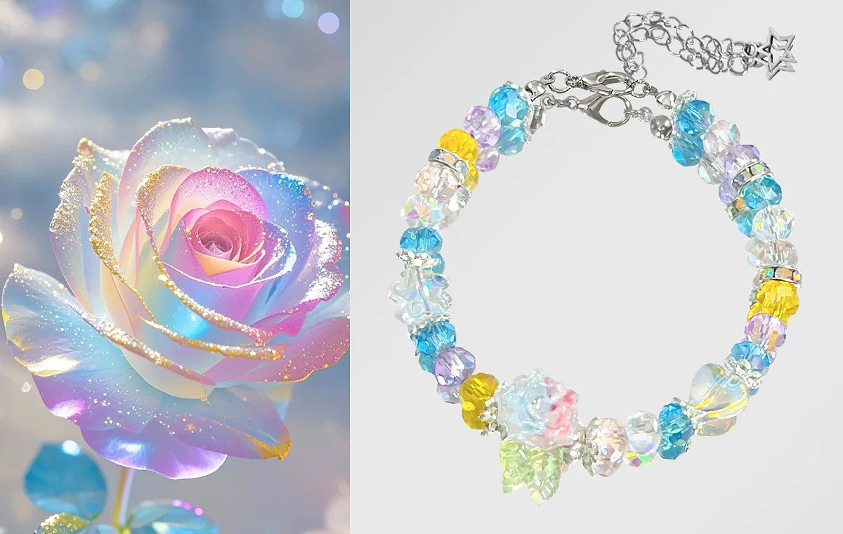 Handmade Crystal Rose Charm Bracelet | Rainbow Beaded Bracelet | Fairycore Floral Jewelry for Women