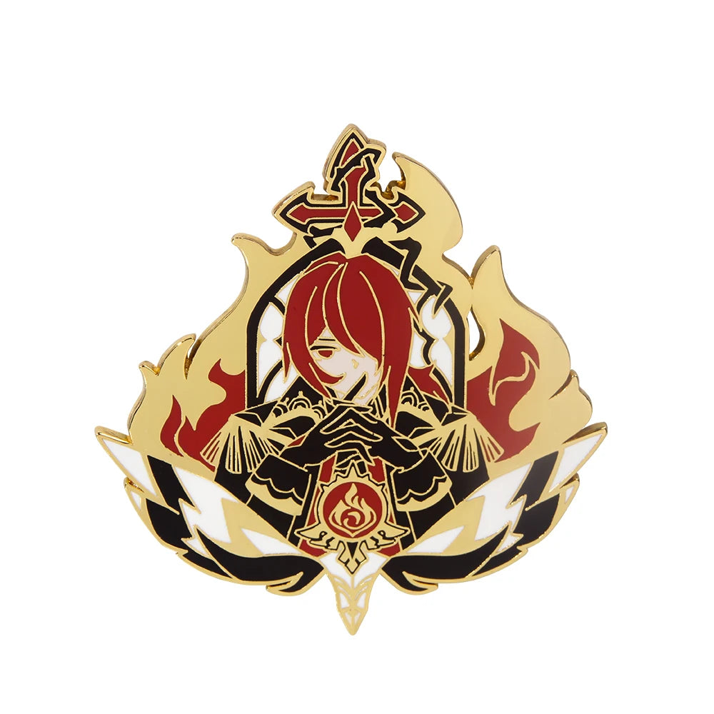 Decorative badge with anime-style character, flames, and symbols on a white background