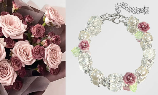 Handmade Dried Rose Charm Bracelet | Vintage Mauve Floral Beaded Bracelet | Romantic Cottagecore Jewelry