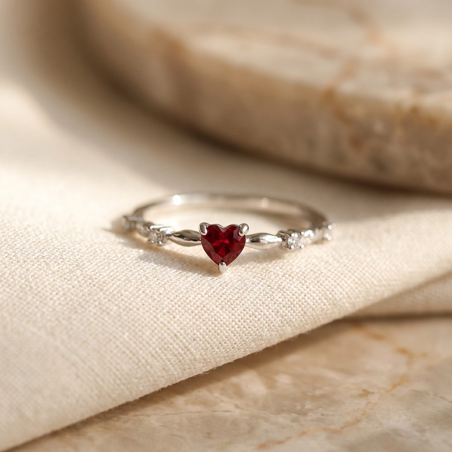 Ruby Heart Ring – Delicate Gold Band with Crystal Accents, Elegant Romantic Jewelry for Women