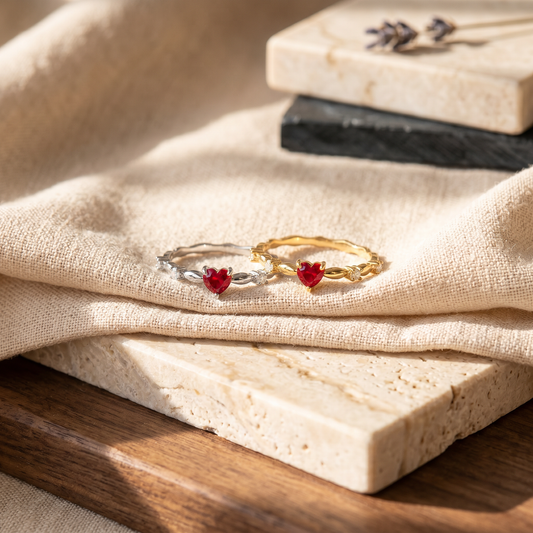 Ruby Heart Ring – Delicate Gold Band with Crystal Accents, Elegant Romantic Jewelry for Women