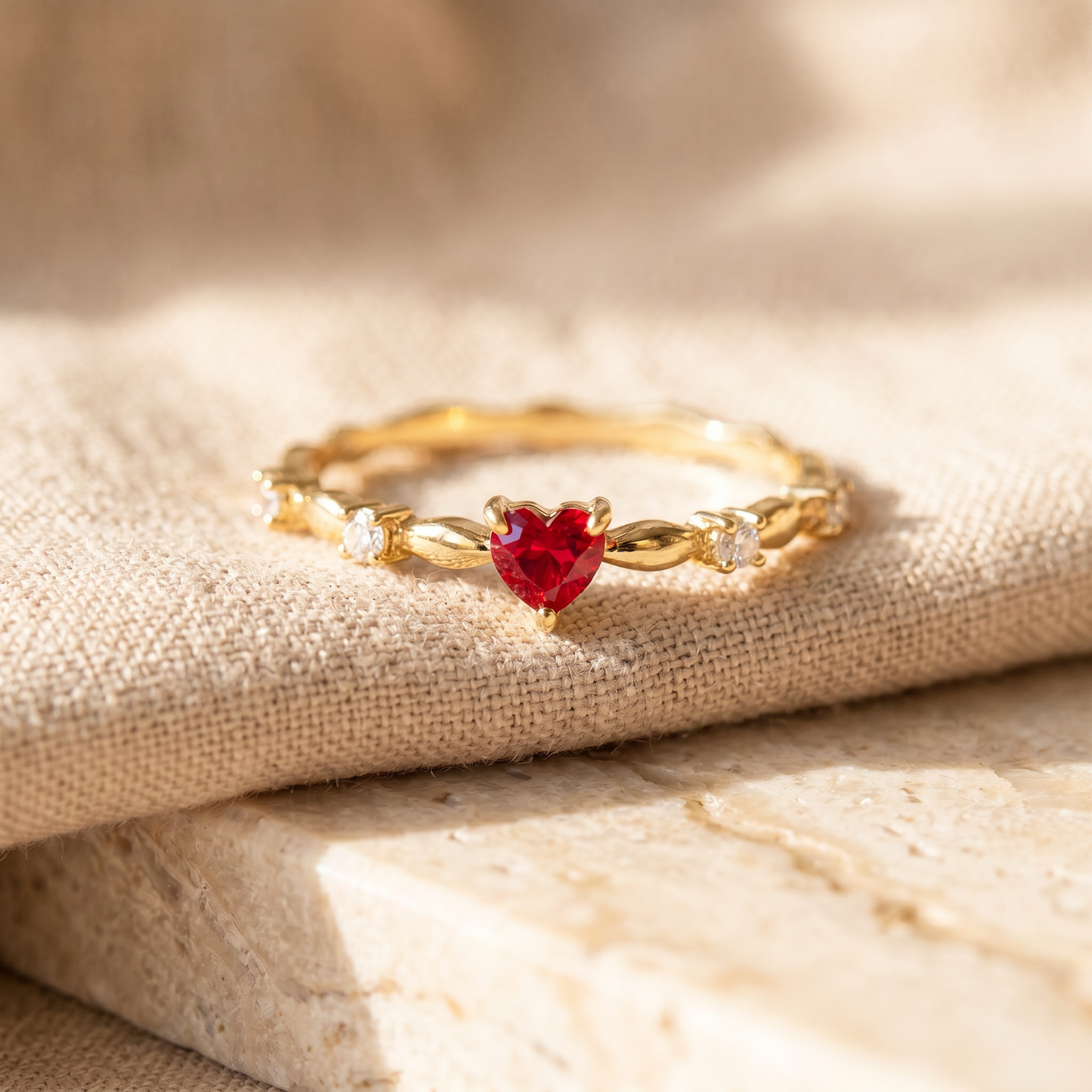 Ruby Heart Ring – Delicate Gold Band with Crystal Accents, Elegant Romantic Jewelry for Women