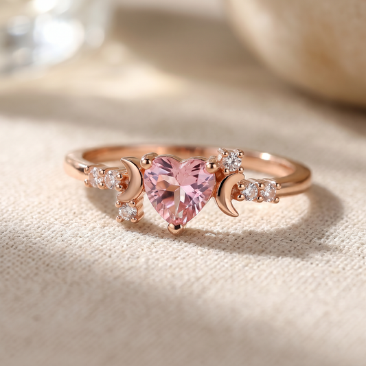 Pink Crystal Heart Ring – Rose Gold Celestial Band with Moon, Romantic Jewelry for Women
