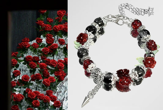 Handmade Gothic Rose Charm Bracelet | Black & Red Floral Beaded Bracelet | Dark Romantic Jewelry