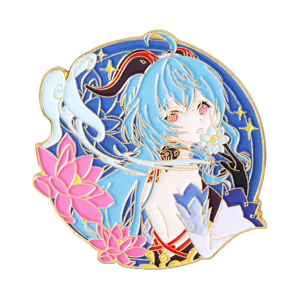 Pin with anime-style character holding a fan, surrounded by pink flowers on a blue background