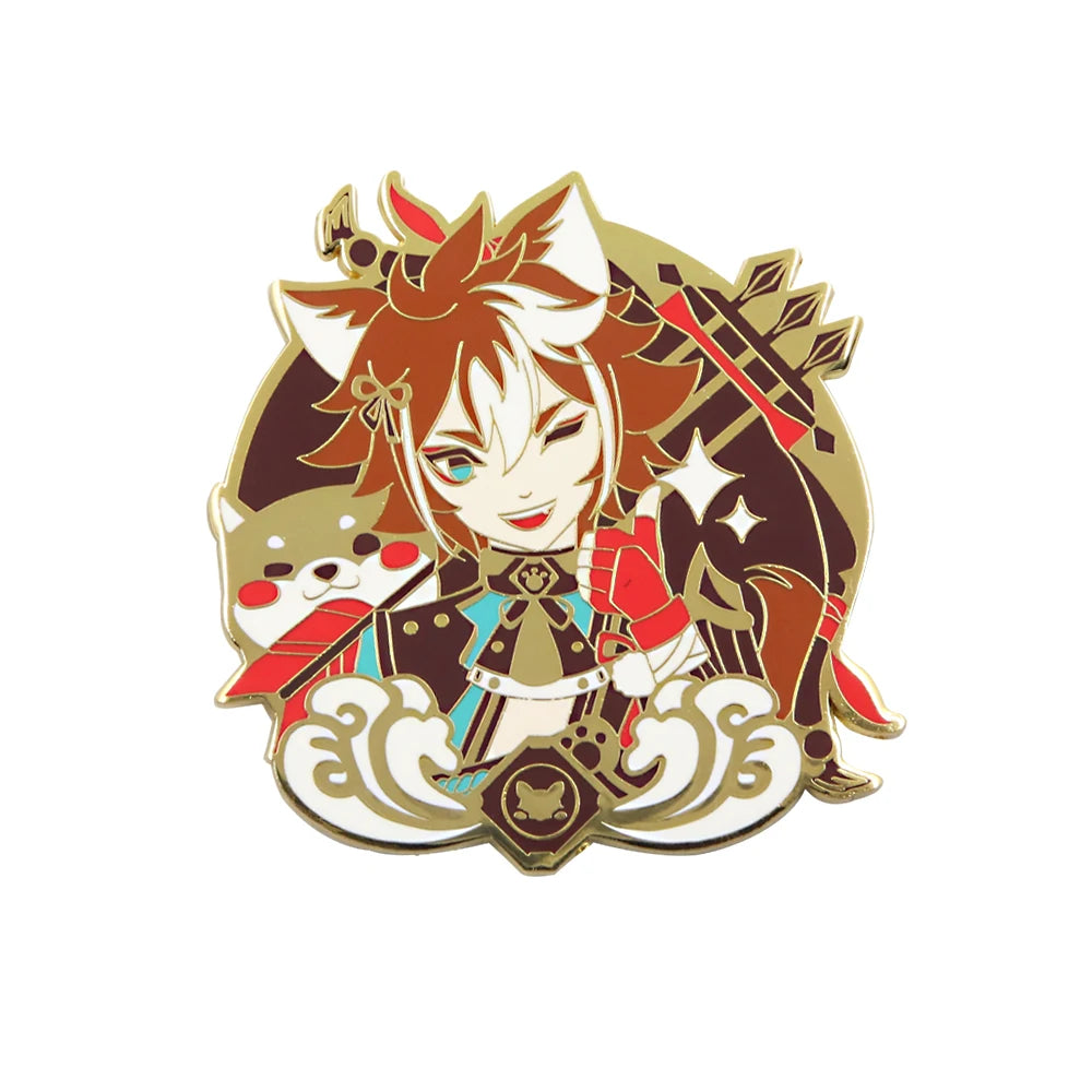 Decorative badge with an anime-style character and a small dog on a white background
