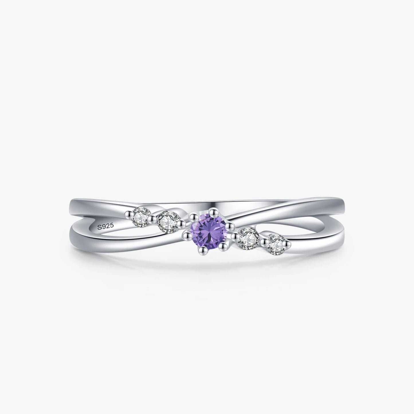 Amethyst Crystal Ring – Sterling Silver Twisted Band with Diamond Accents, Elegant Minimalist Jewelry for Women